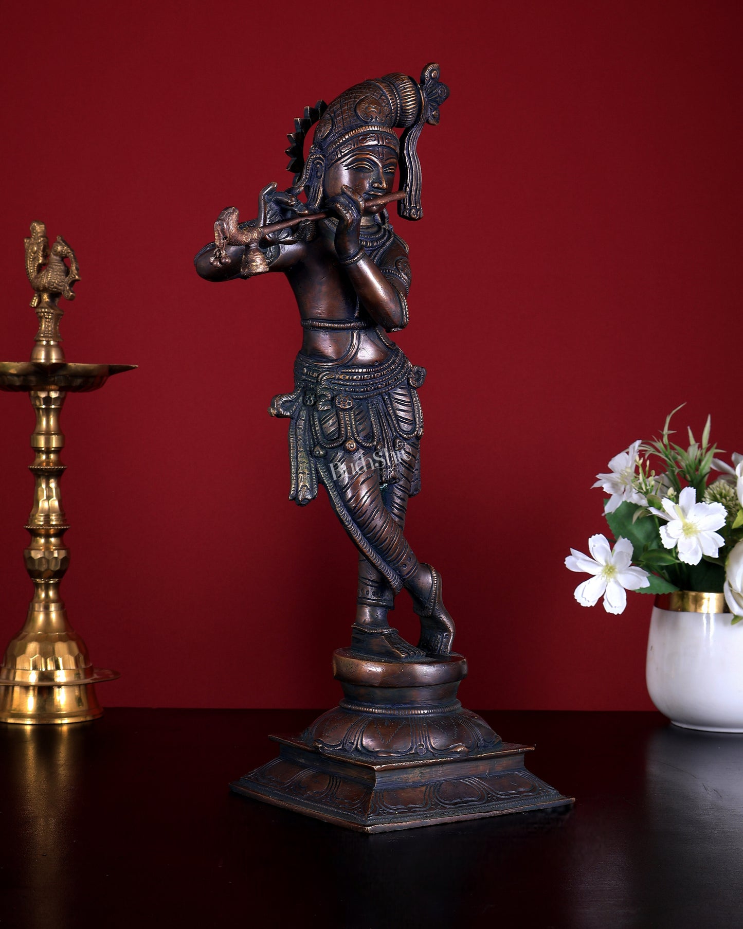 Unique Krishna Brass Statue with Slanted Crown – Dark Chocolate Finish 14.5 inch