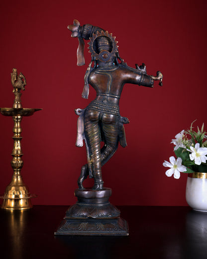 Unique Krishna Brass Statue with Slanted Crown – Dark Chocolate Finish 14.5 inch