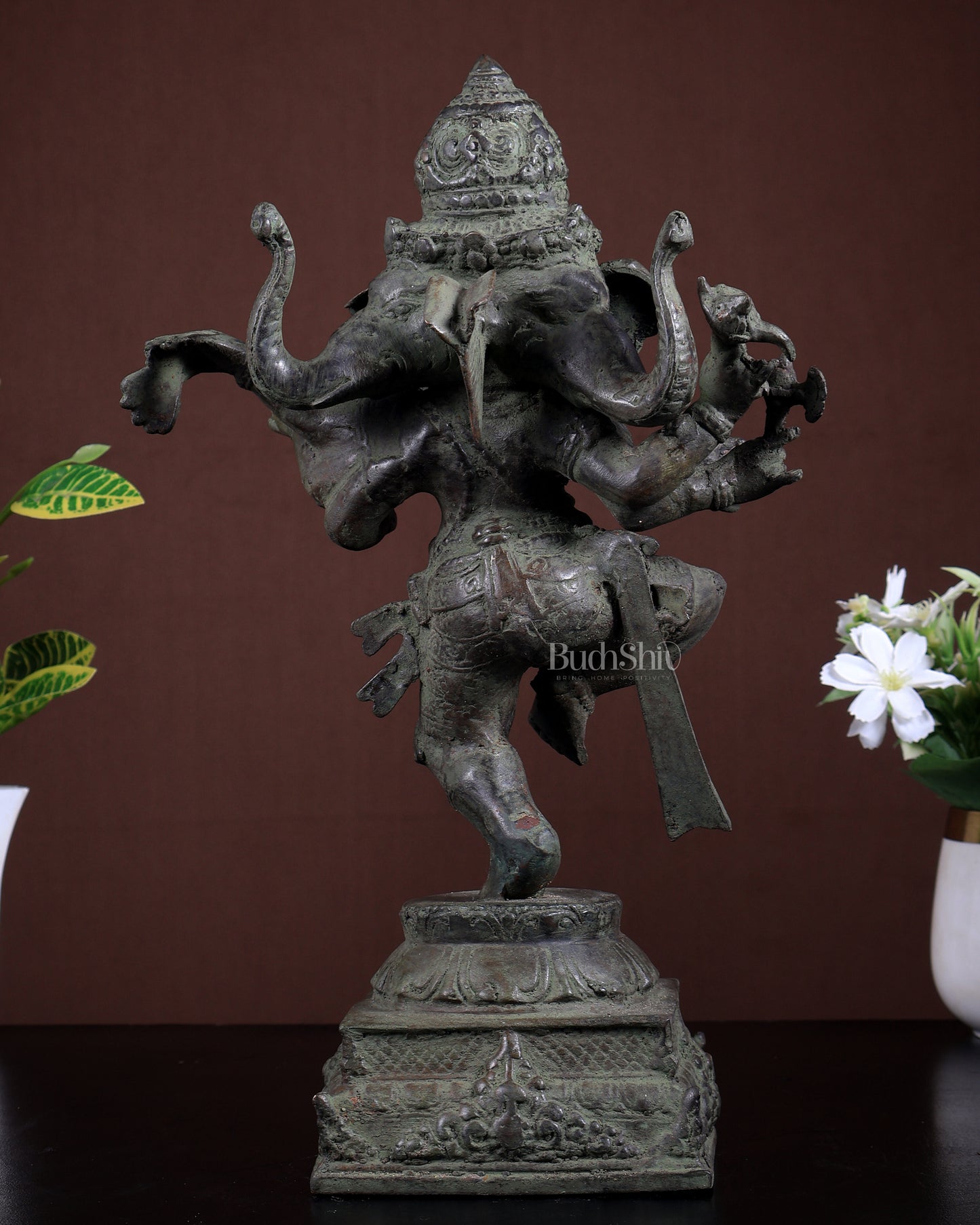Bronze Dancing Ganesha Statue – Three-Faced (Trimukhi) Indonesian Depiction 12.5 inch