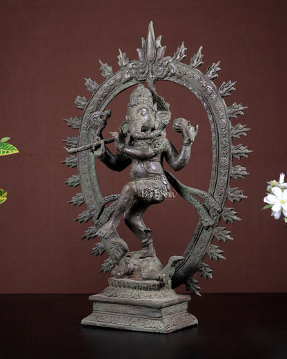 Bronze Dancing Ganesha Nataraja Playing Flute  Arch – Patina Finish 13 inch
