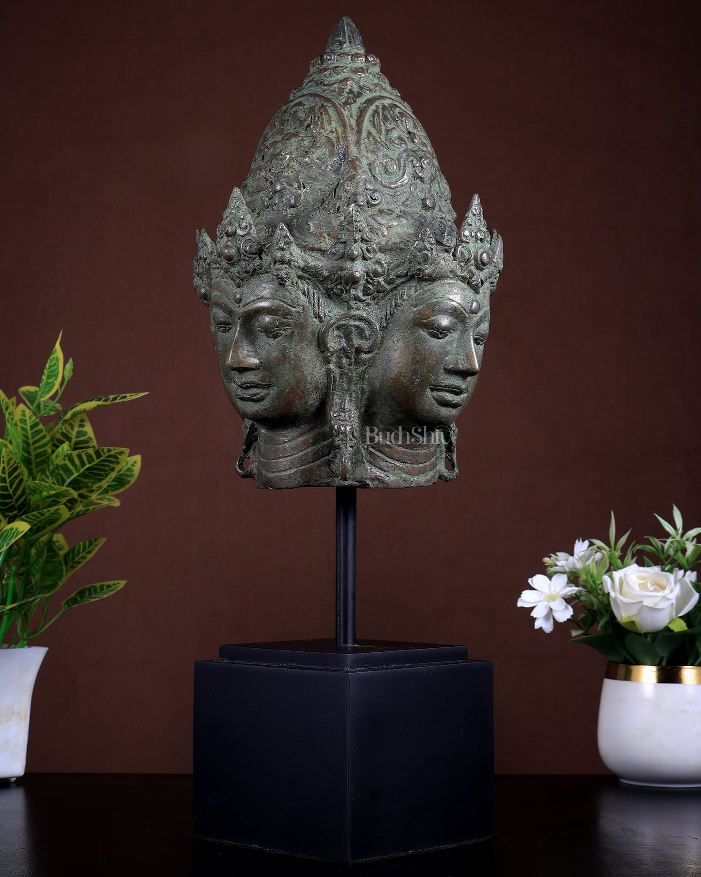 Bronze Lord Vishnu Chaturmukha (Four-Directional, Four-Faced) Bust on Wooden Stand – Museum Grade Collectible