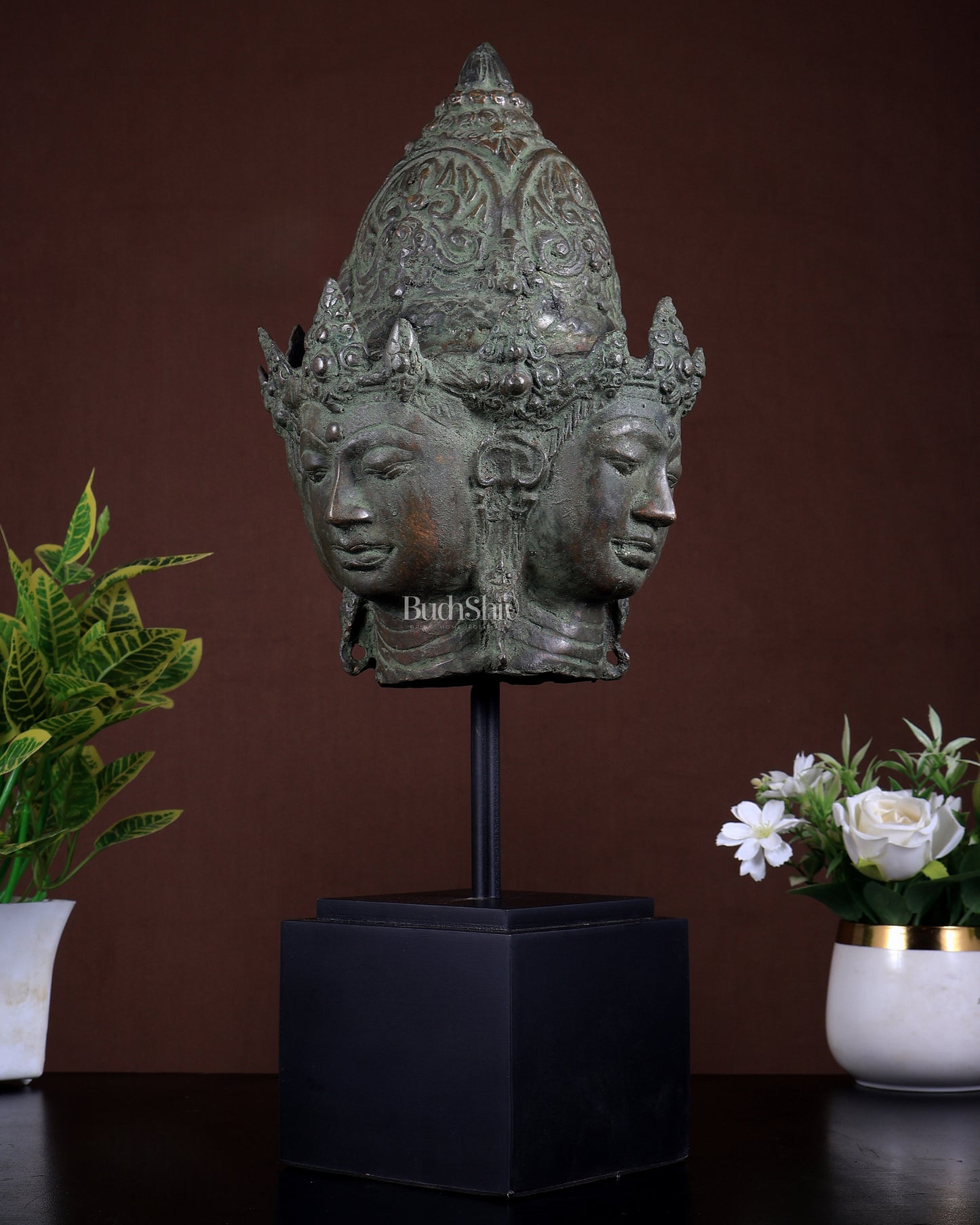 Bronze Lord Vishnu Chaturmukha (Four-Directional, Four-Faced) Bust on Wooden Stand – Museum Grade Collectible