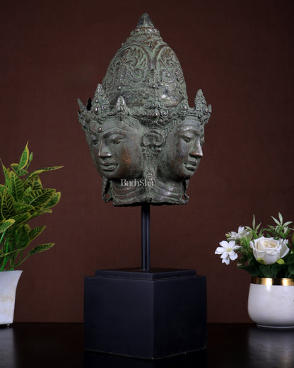 Bronze Lord Vishnu Chaturmukha (Four-Directional, Four-Faced) Bust on Wooden Stand – Museum Grade Collectible