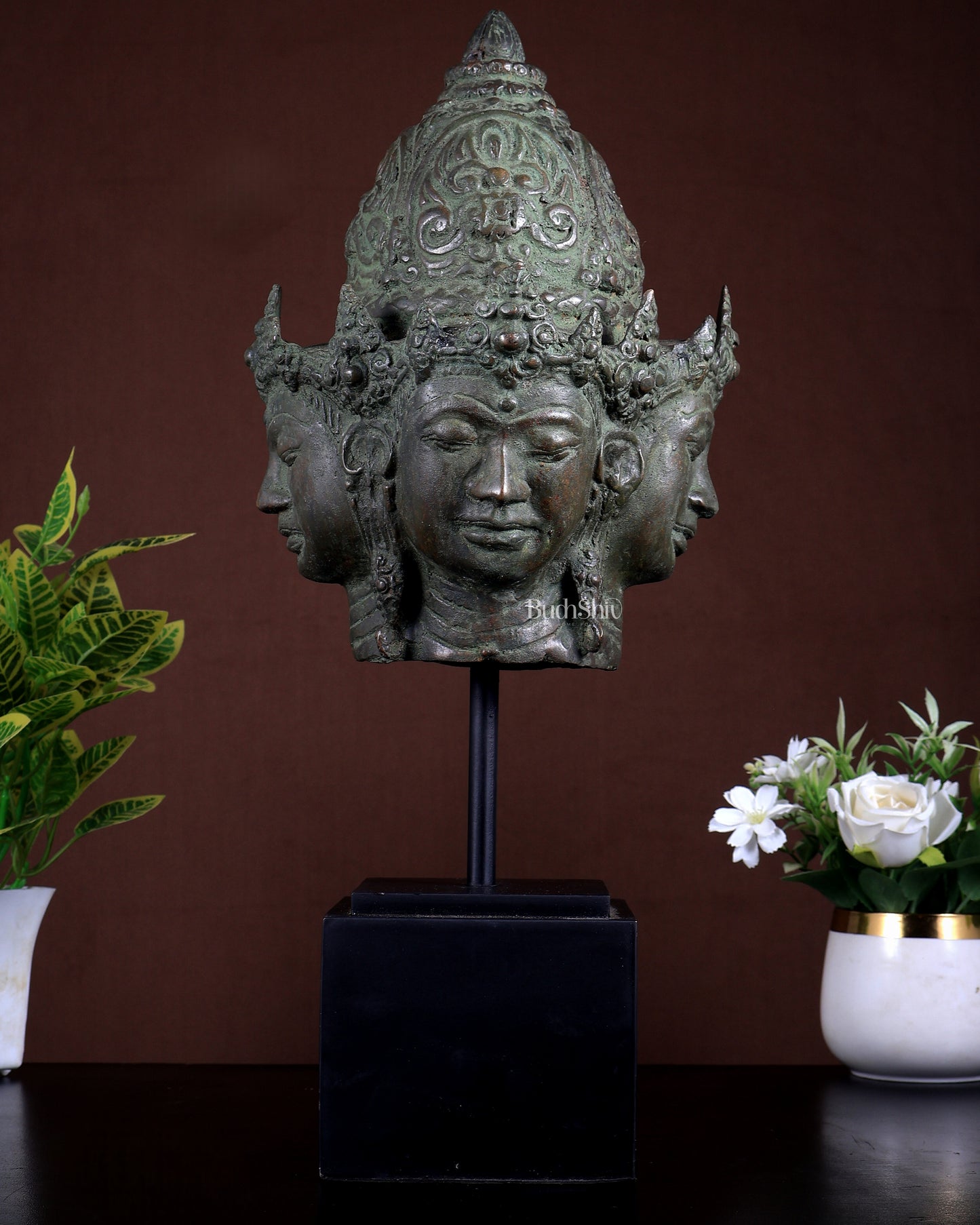 Bronze Lord Vishnu Chaturmukha (Four-Directional, Four-Faced) Bust on Wooden Stand – Museum Grade Collectible