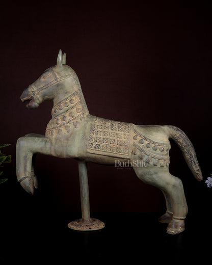 Vintage Brass Horse Artefact – Green Patina Finish | Museum Grade Collectible 25 inch