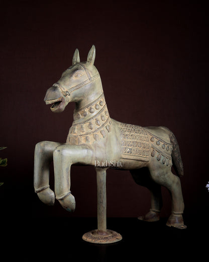 Vintage Brass Horse Artefact – Green Patina Finish | Museum Grade Collectible 25 inch