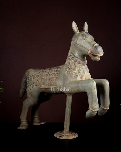 Vintage Brass Horse Artefact – Green Patina Finish | Museum Grade Collectible 25 inch