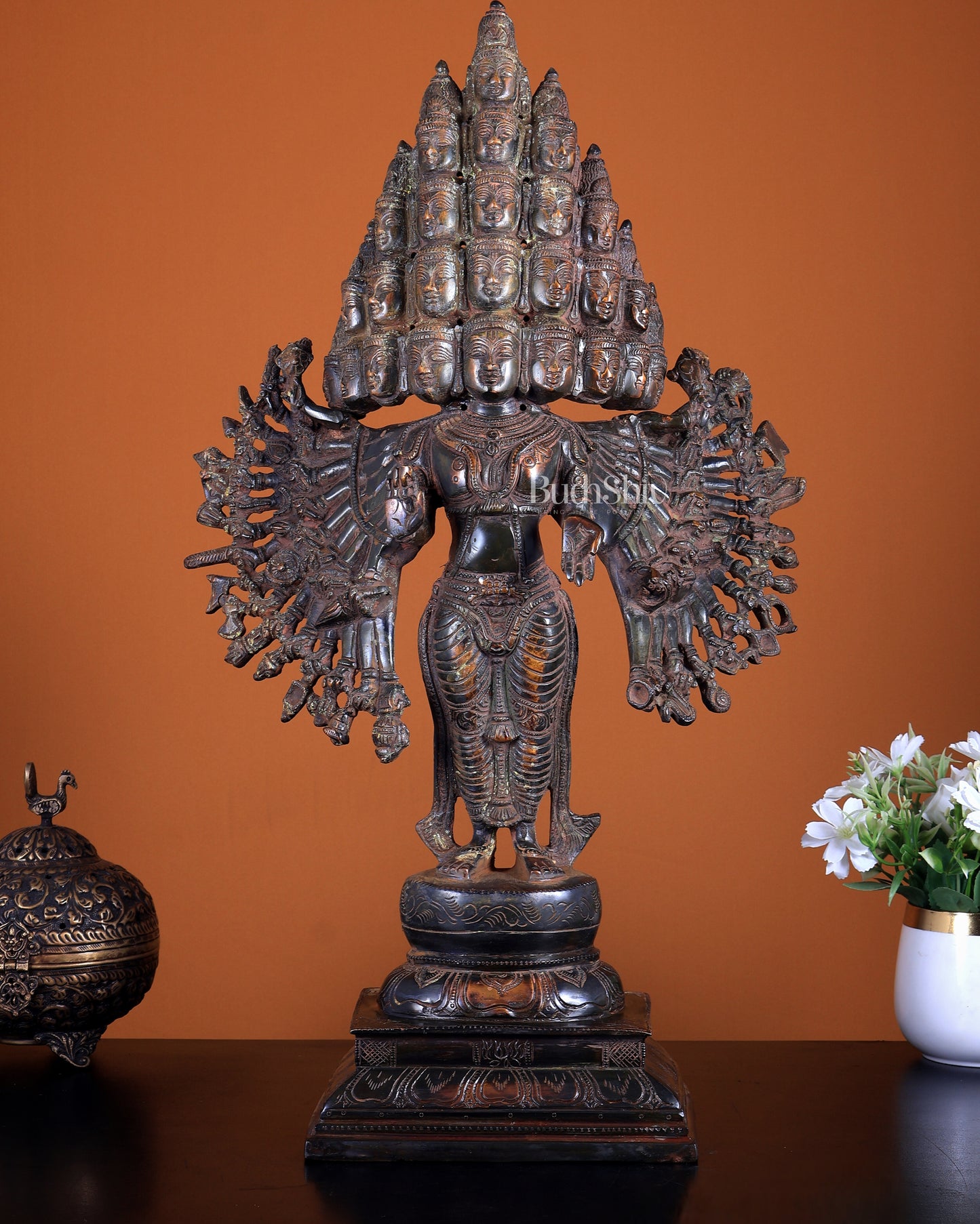 Pure Brass Maha Sadashiva – 25-Faced Lord Shiva Idol | Vintage Bronze Patina