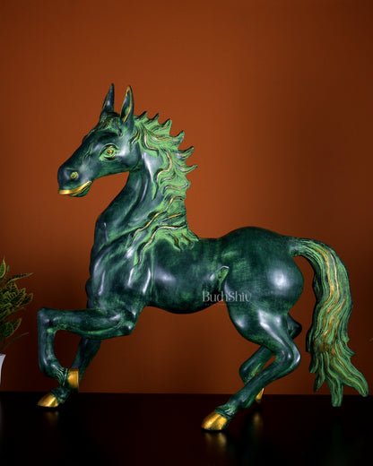Brass Large Galloping Horse Sculpture | Candy Green Patina Finish 30 inch