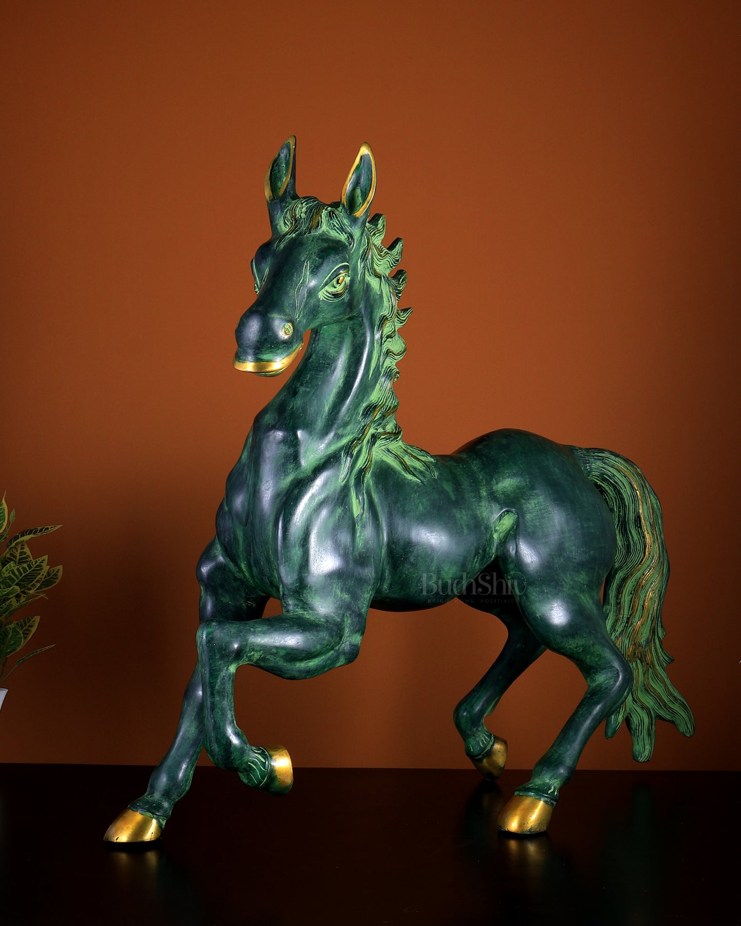 Brass Large Galloping Horse Sculpture | Candy Green Patina Finish 30 inch