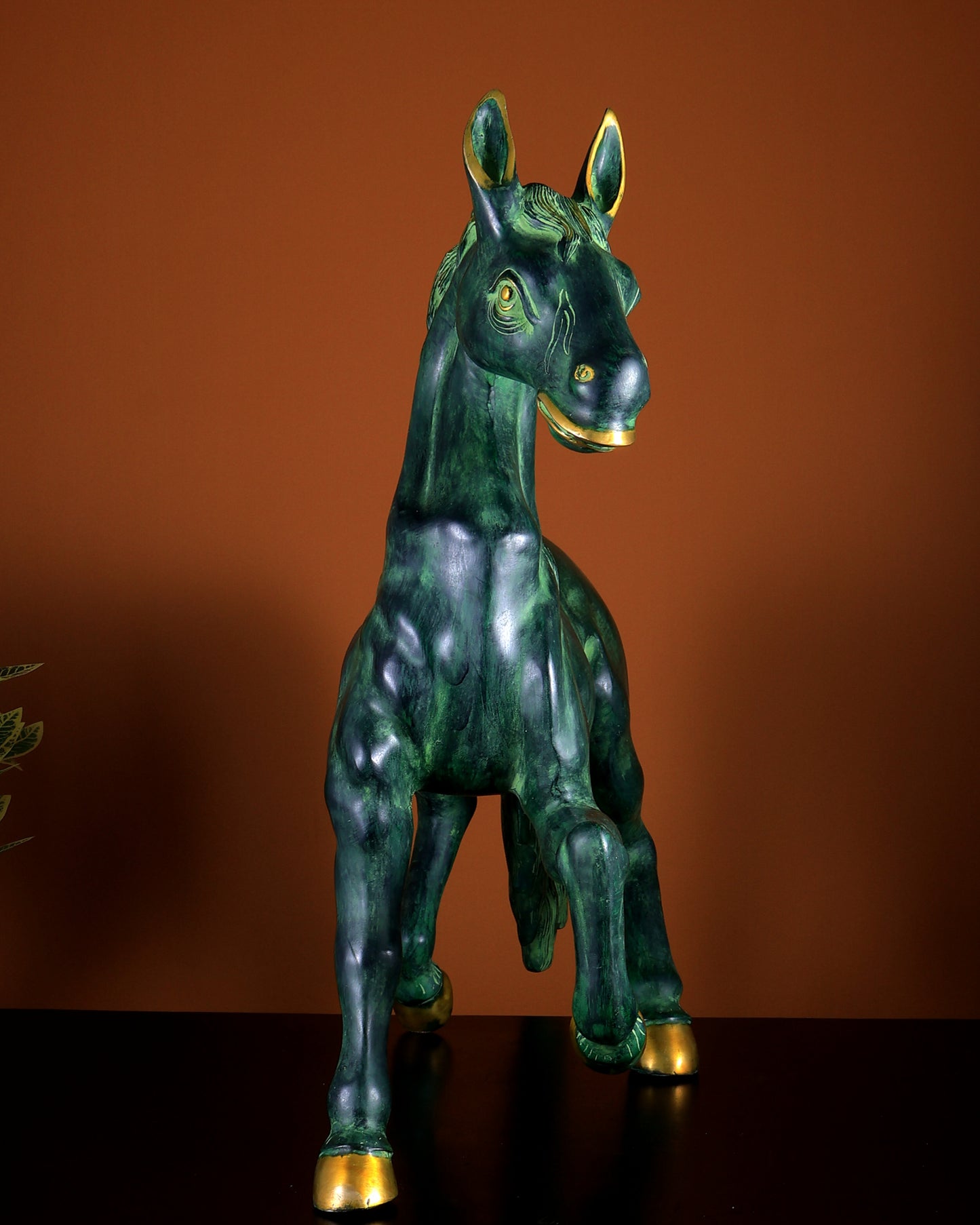 Brass Large Galloping Horse Sculpture | Candy Green Patina Finish 30 inch