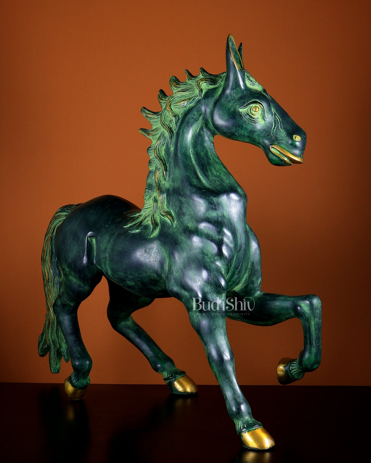 Brass Large Galloping Horse Sculpture | Candy Green Patina Finish 30 inch