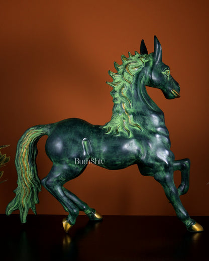Brass Large Galloping Horse Sculpture | Candy Green Patina Finish 30 inch