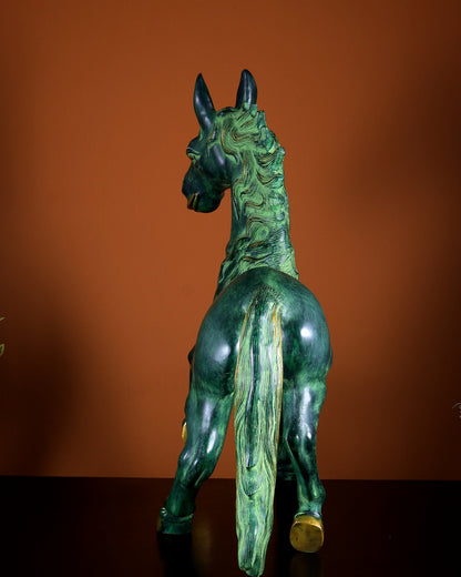 Brass Large Galloping Horse Sculpture | Candy Green Patina Finish 30 inch