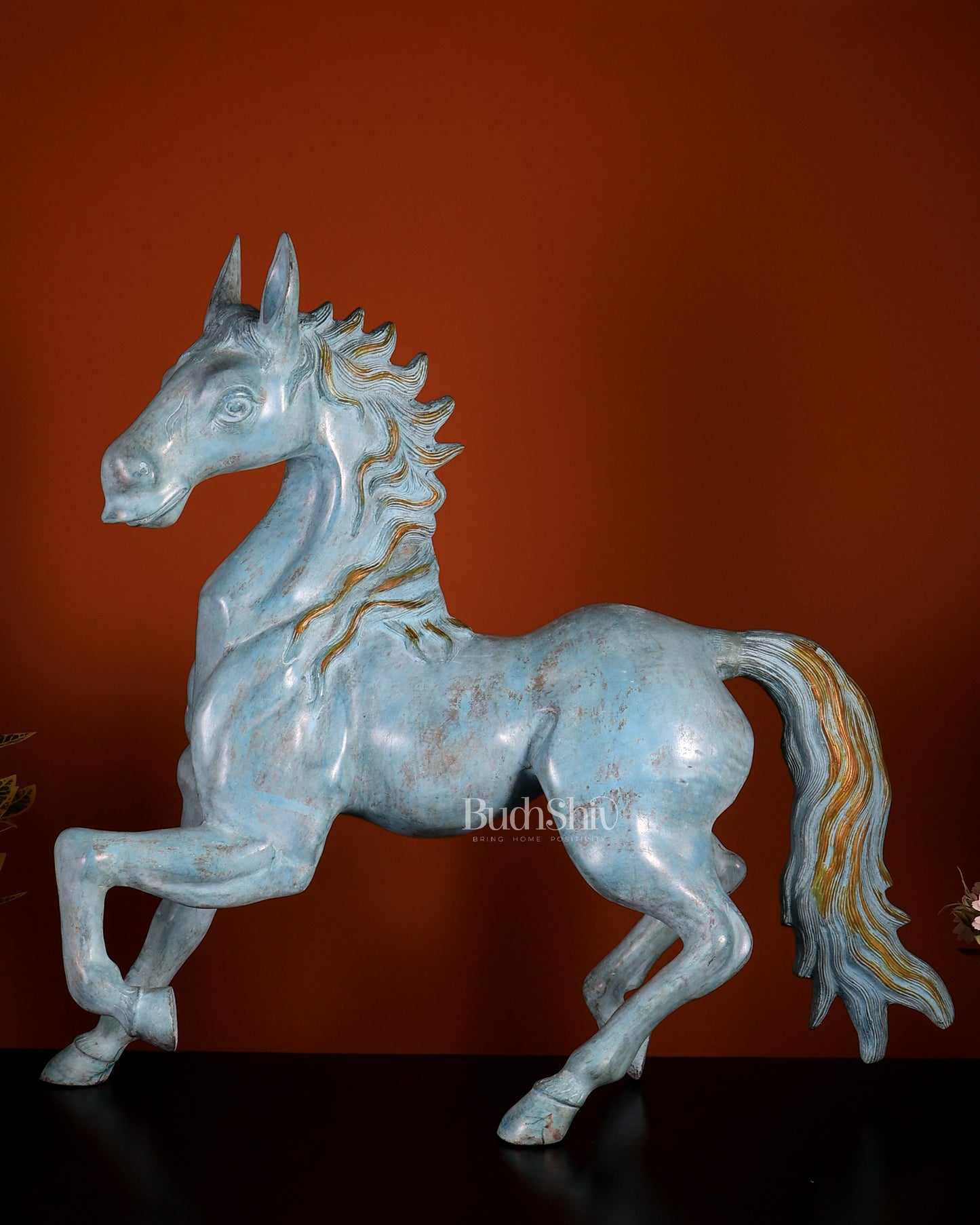 Brass Large Galloping Horse Sculpture | Aqua Blue Tone Patina 30 inch