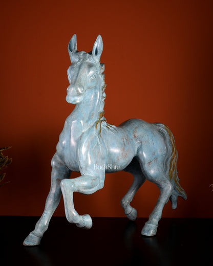 Brass Large Galloping Horse Sculpture | Aqua Blue Tone Patina 30 inch