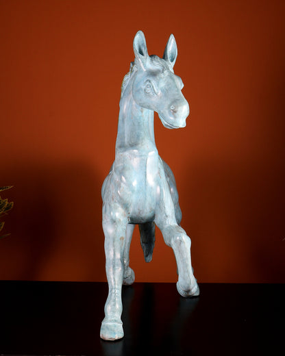Brass Large Galloping Horse Sculpture | Aqua Blue Tone Patina 30 inch