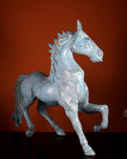 Brass Large Galloping Horse Sculpture | Aqua Blue Tone Patina 30 inch