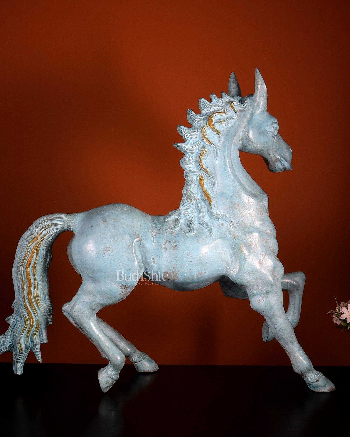Brass Large Galloping Horse Sculpture | Aqua Blue Tone Patina 30 inch