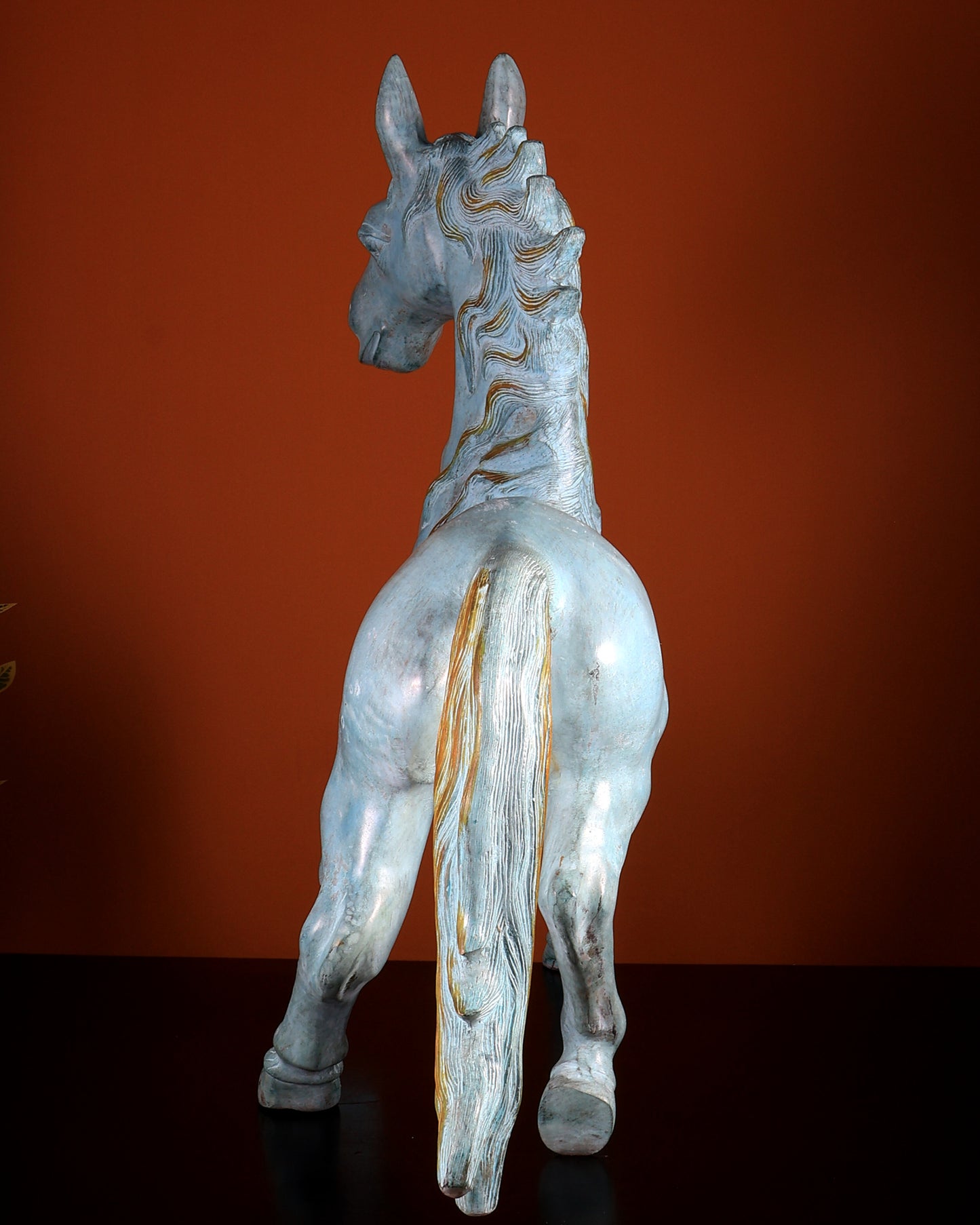 Brass Large Galloping Horse Sculpture | Aqua Blue Tone Patina 30 inch