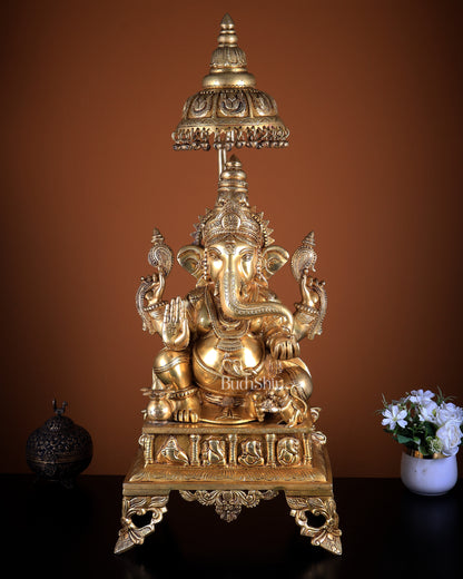 Large Brass Lord Ganesha Statue with Chattar (Umbrella) Throne | Temple Grade 34 inch