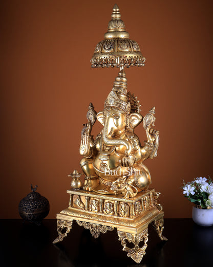 Large Brass Lord Ganesha Statue with Chattar (Umbrella) Throne | Temple Grade 34 inch