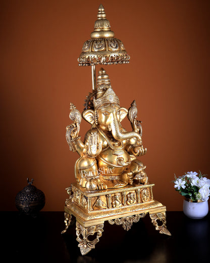 Large Brass Lord Ganesha Statue with Chattar (Umbrella) Throne | Temple Grade 34 inch