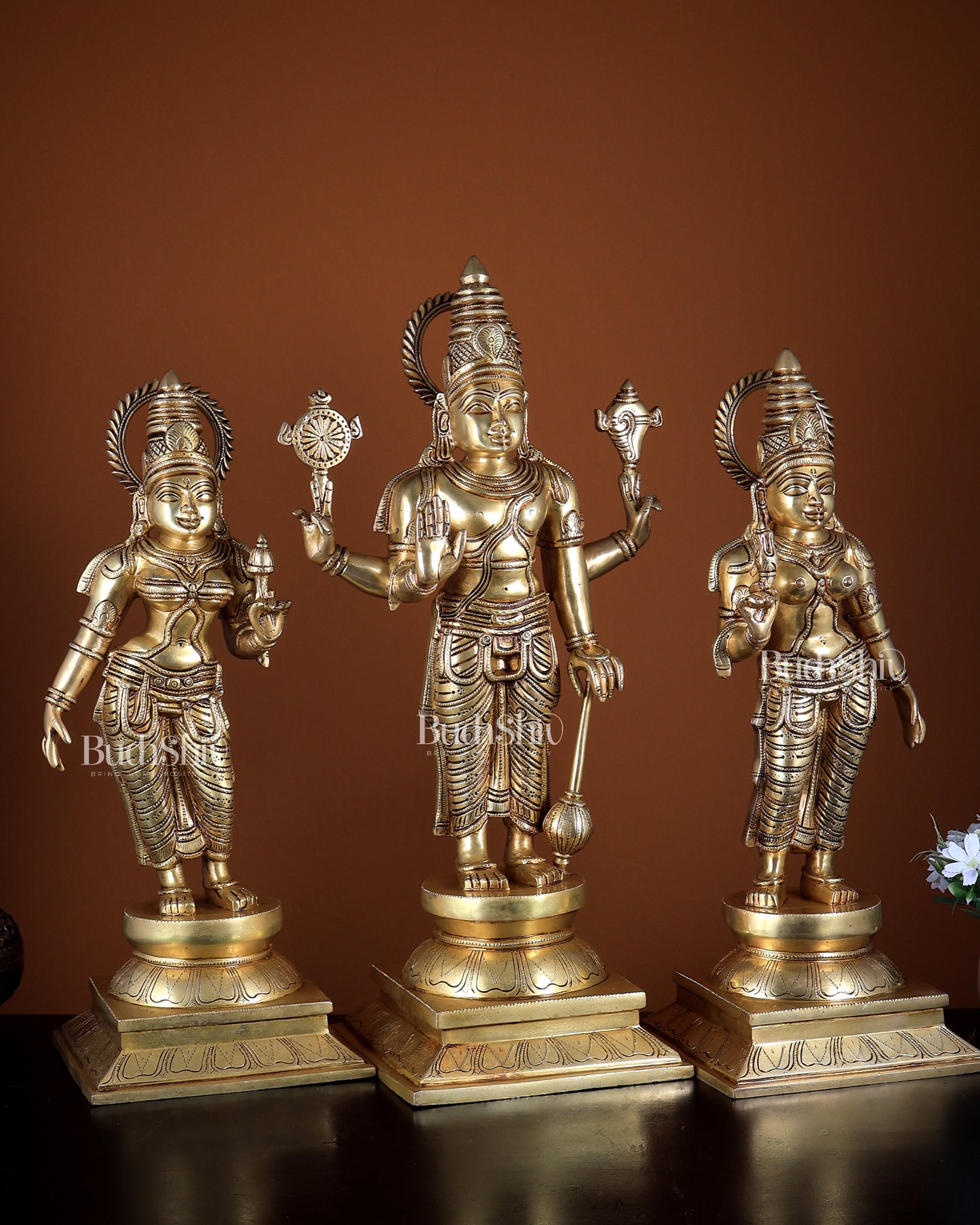 Superfine Brass Lord Vishnu with Bhudevi & Sridevi | Temple-Grade Trio Set 25 inch