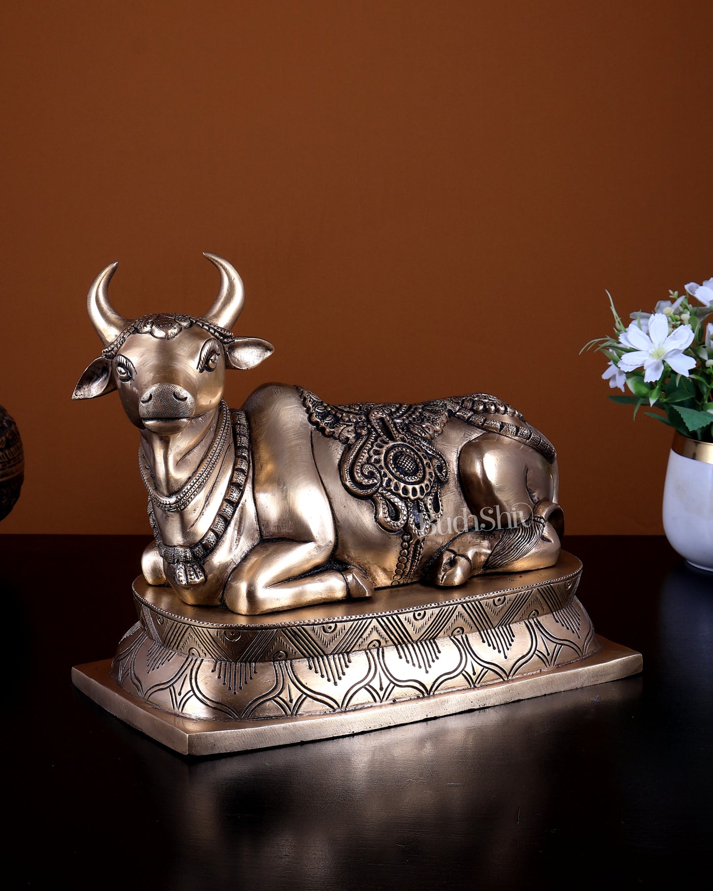 Brass Nandi Statue on Base | Seated with Folded Legs 10.8 inch