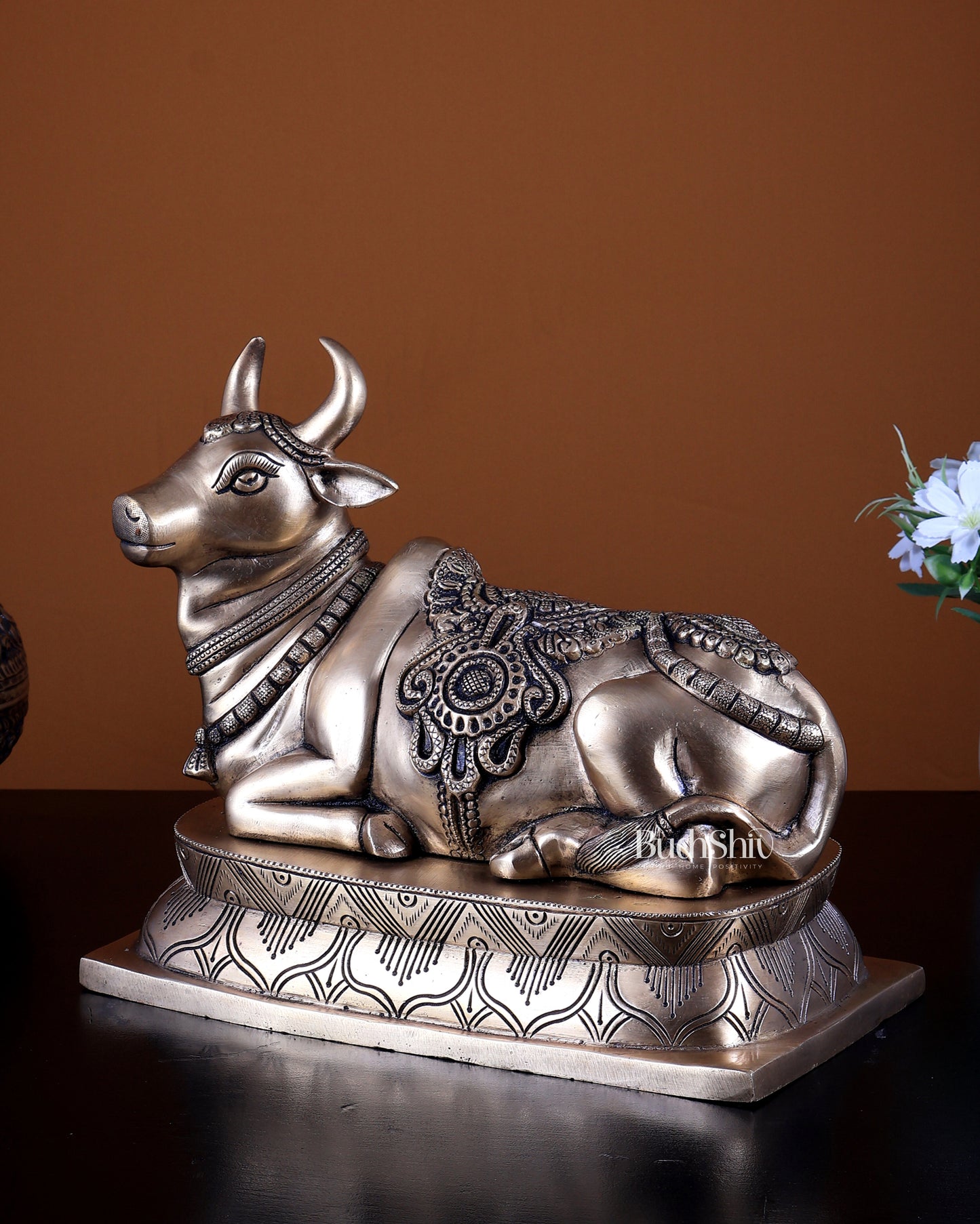 Brass Nandi Statue on Base | Seated with Folded Legs 10.8 inch