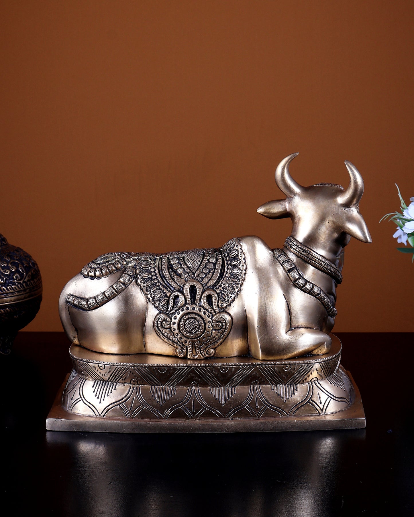 Brass Nandi Statue on Base | Seated with Folded Legs 10.8 inch