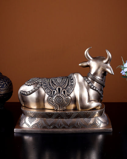 Brass Nandi Statue on Base | Seated with Folded Legs 10.8 inch