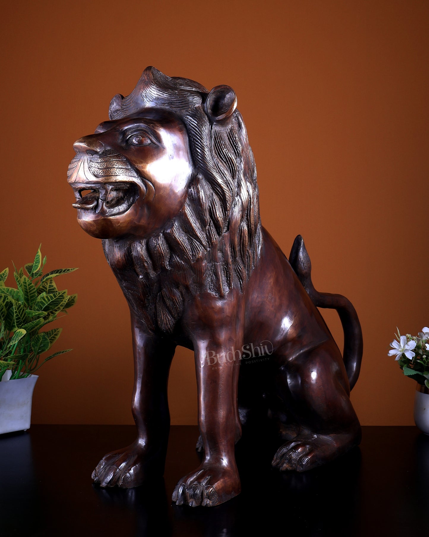 Brass Sitting Lion Large Statue – Antique Tone 23 inch