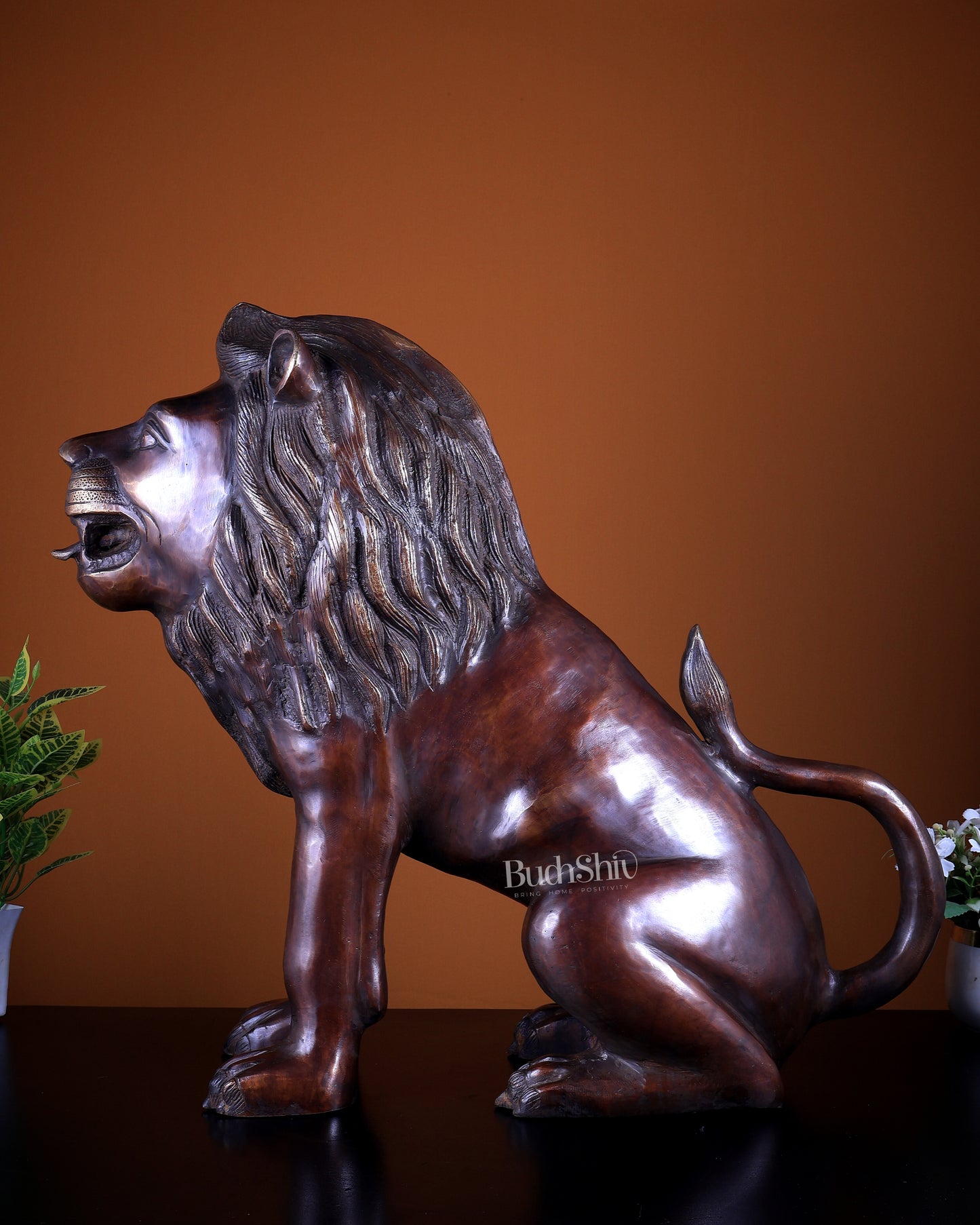 Brass Sitting Lion Large Statue – Antique Tone 23 inch