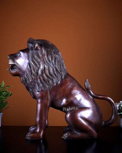Brass Sitting Lion Large Statue – Antique Tone 23 inch