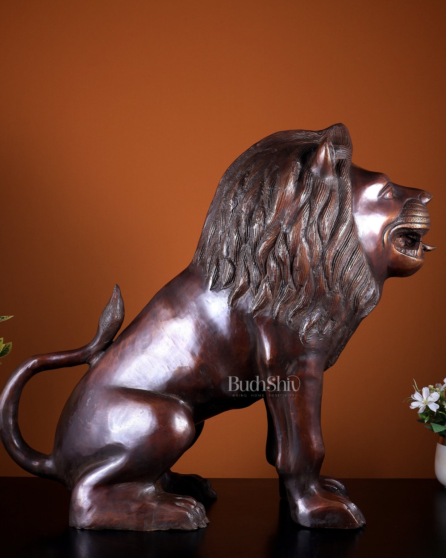 Brass Sitting Lion Large Statue – Antique Tone 23 inch