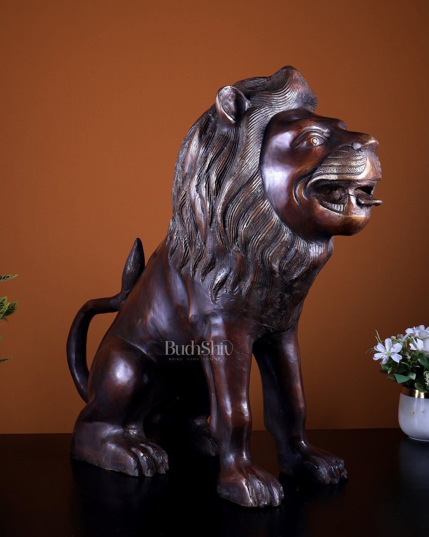 Brass Sitting Lion Large Statue – Antique Tone 23 inch