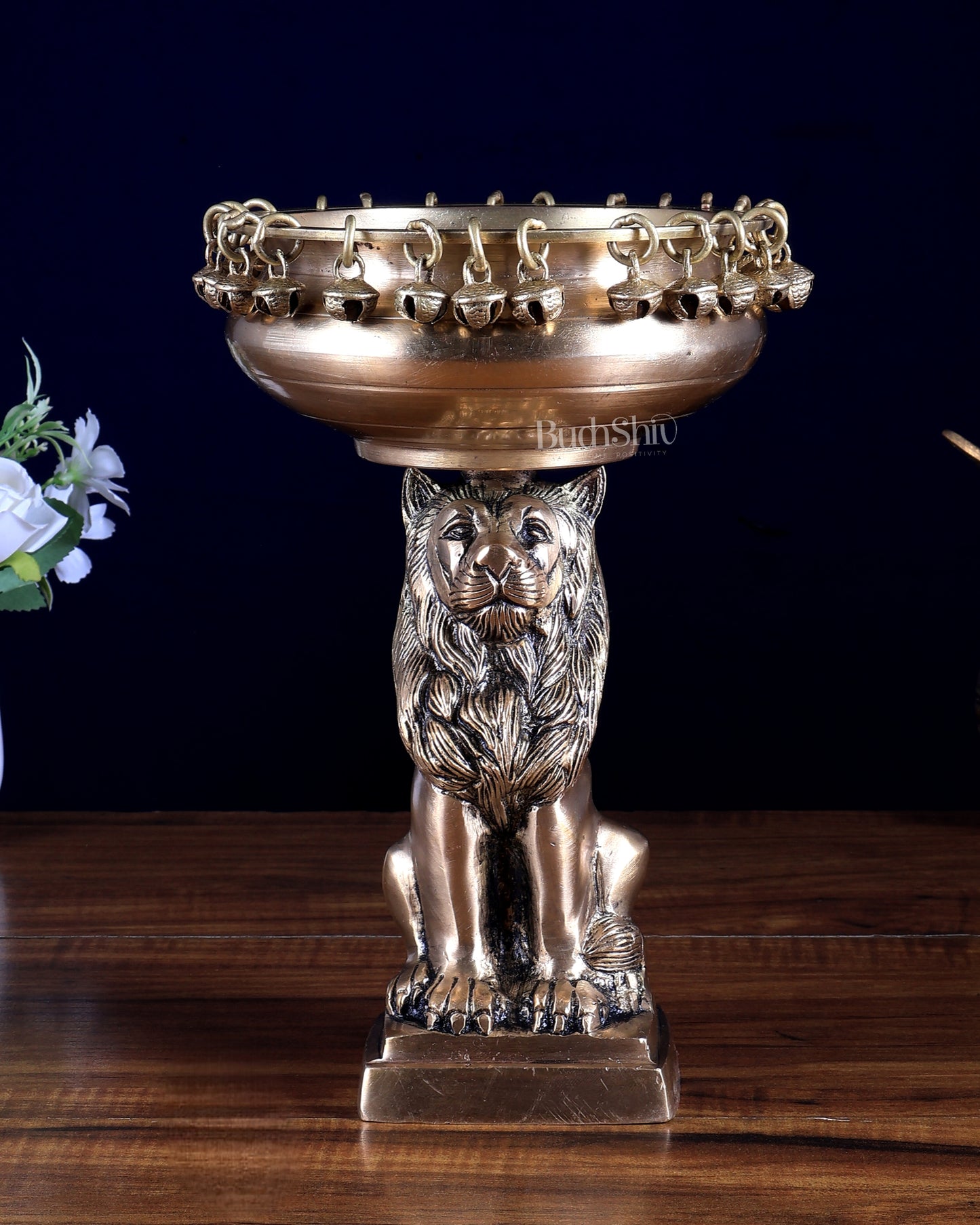 Brass Sitting Lion with Urli – Decorative & Auspicious Artefact 9.5 inch