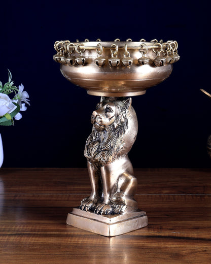 Brass Sitting Lion with Urli – Decorative & Auspicious Artefact 9.5 inch