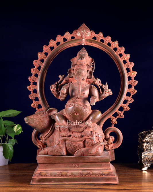 Brass Lord Ganesha Seated on Mooshak with Prabhavali – Red Sand Patina 24 inch