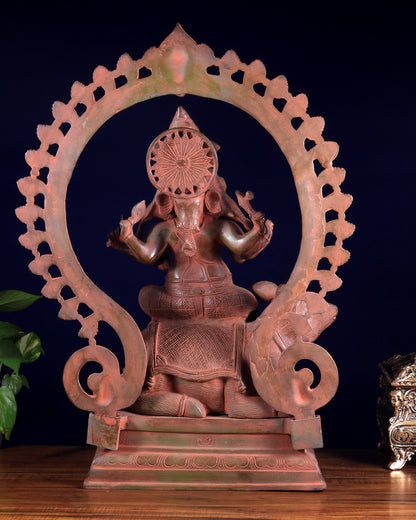 Brass Lord Ganesha Seated on Mooshak with Prabhavali – Red Sand Patina 24 inch