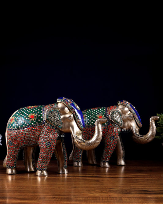 Brass Elephant Pair with Stonework – Auspicious Heritage Décor Artefact (Set of 2