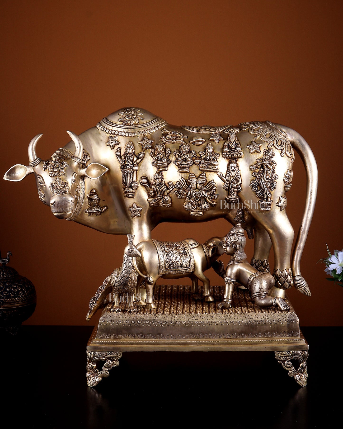 Pure Brass Large Kamdhenu Cow with Calf enhanced carvings