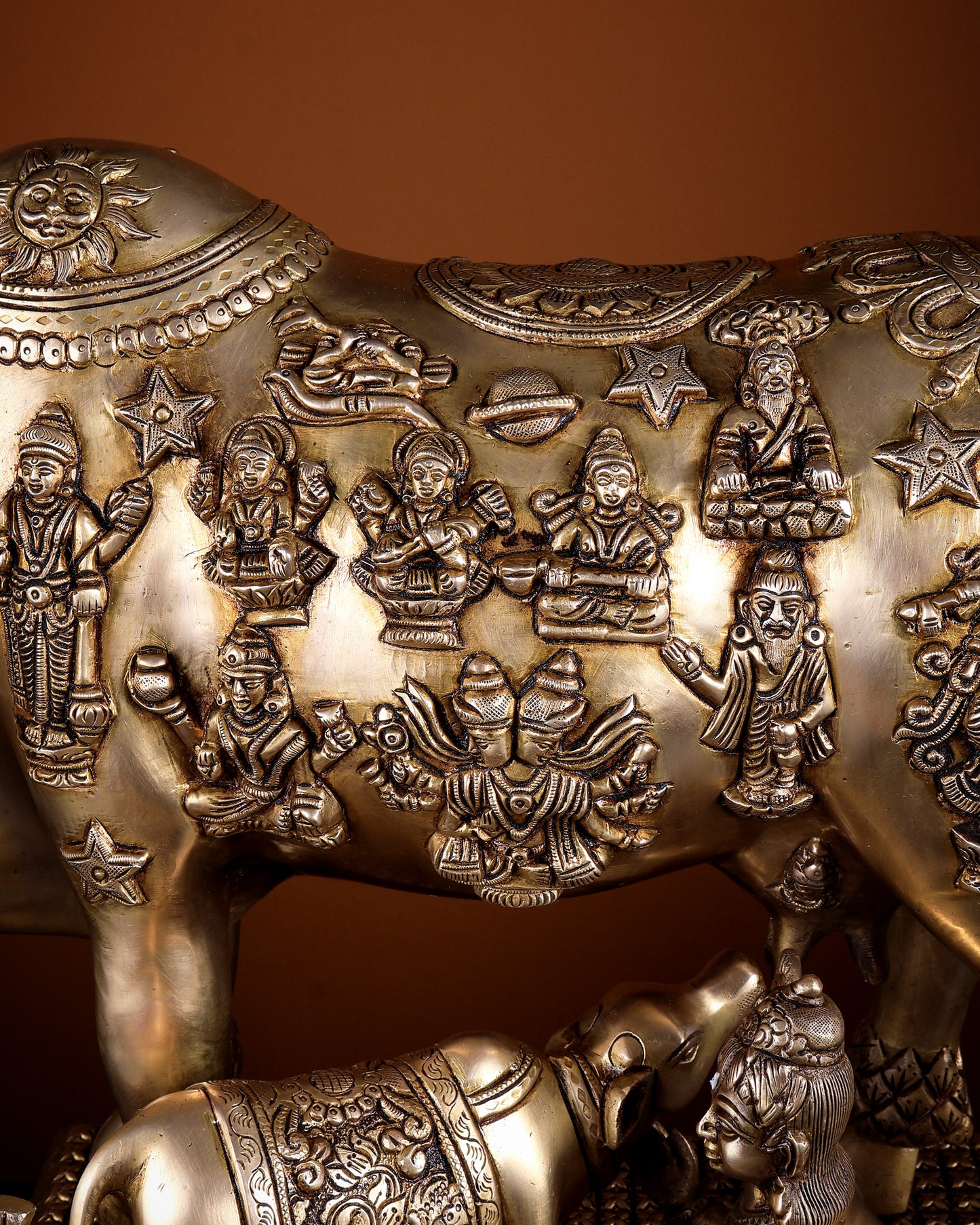 Pure Brass Large Kamdhenu Cow with Calf enhanced carvings
