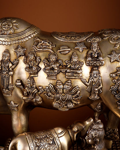 Pure Brass Large Kamdhenu Cow with Calf enhanced carvings