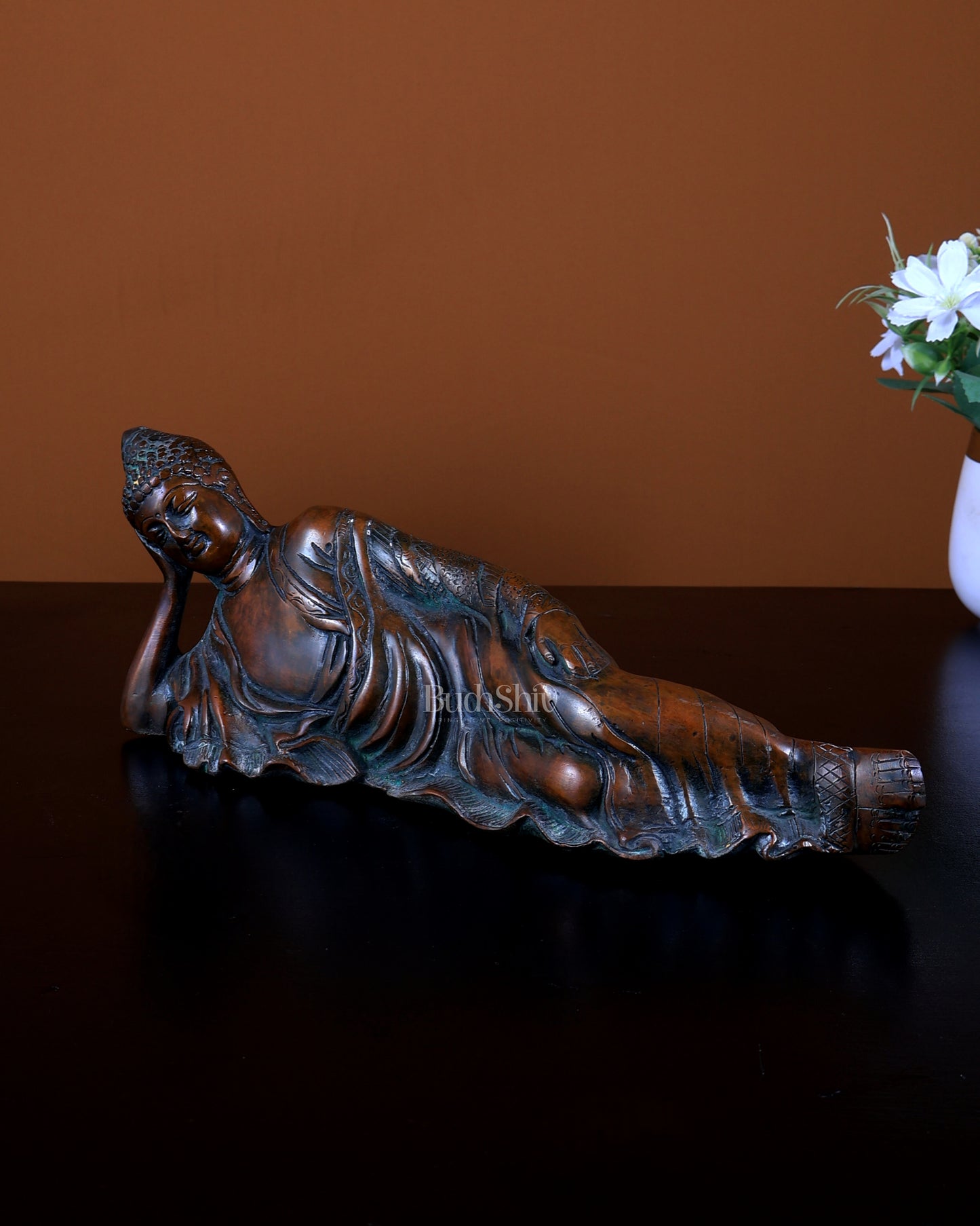 Brass Reclining Buddha Statue | Antique Bronze Finish 12 inch