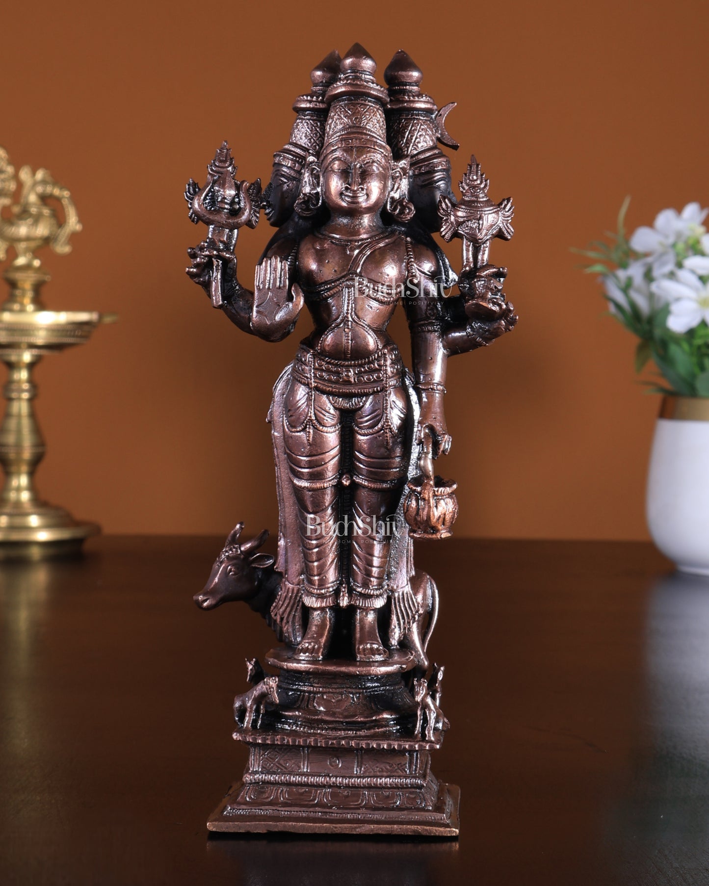 Pure Copper Dattatreya Datta Guru Idol with Cow & Dogs 7 inch