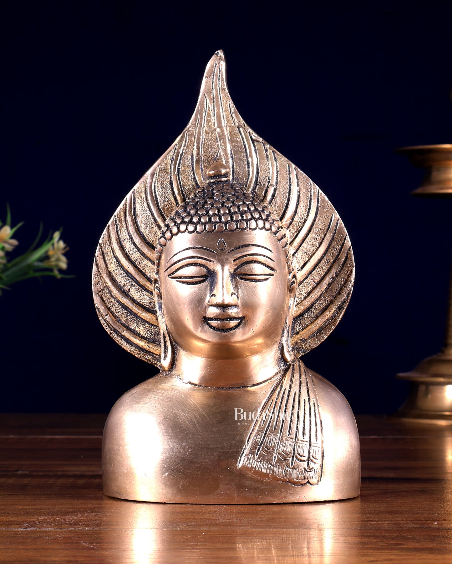 Brass Buddha Face Bust with Leaf Motif | Wall & Table Decor