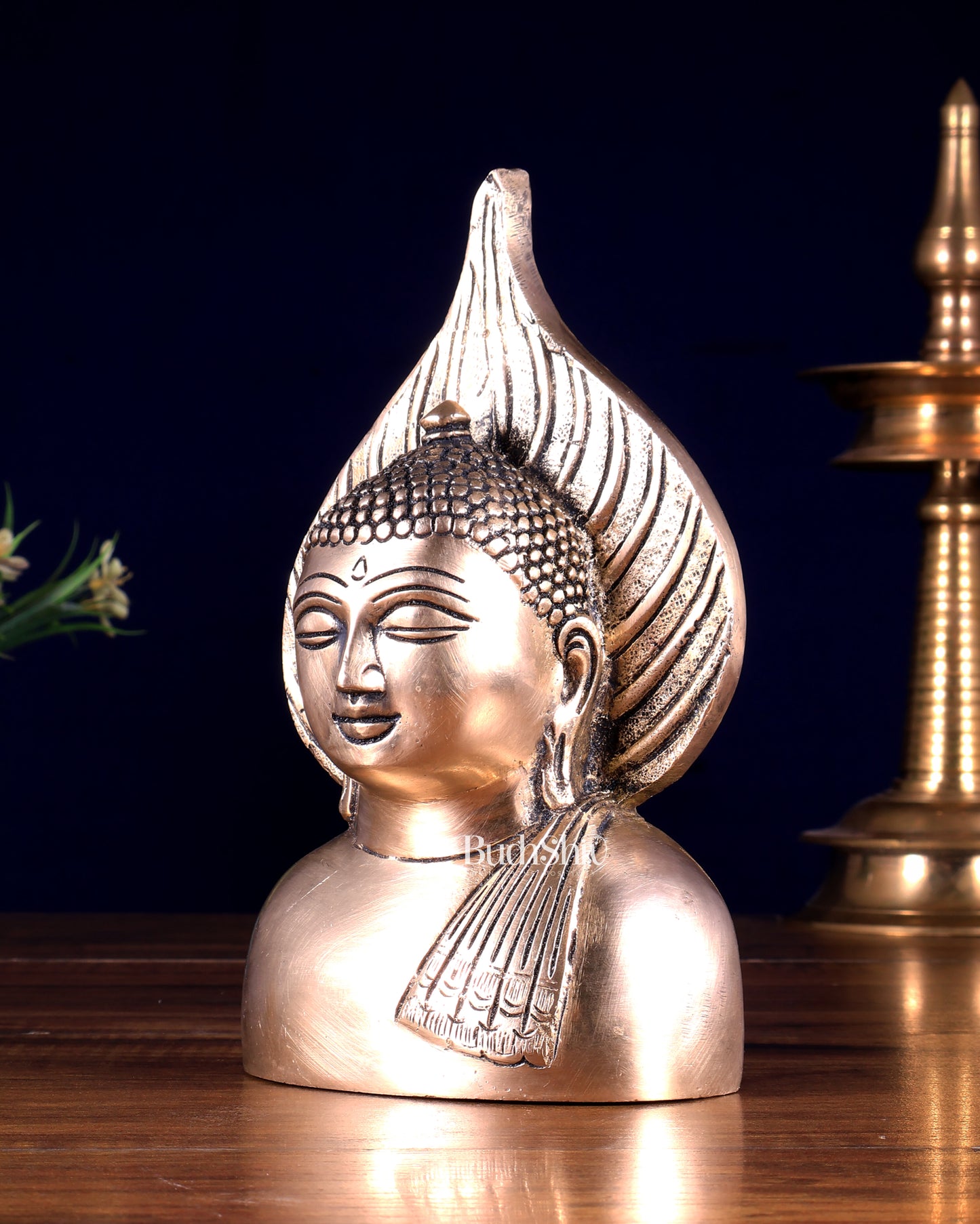 Brass Buddha Face Bust with Leaf Motif | Wall & Table Decor