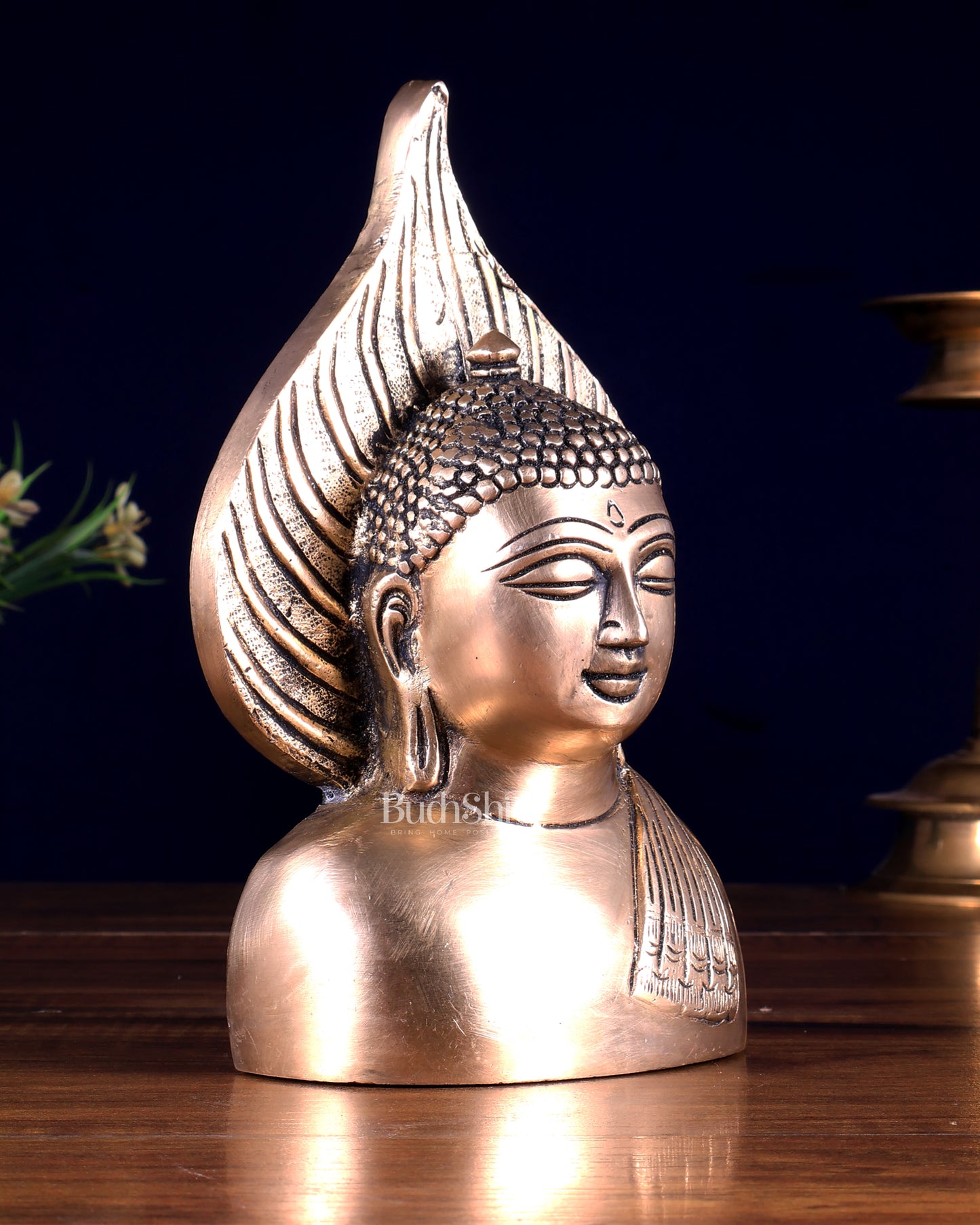 Brass Buddha Face Bust with Leaf Motif | Wall & Table Decor